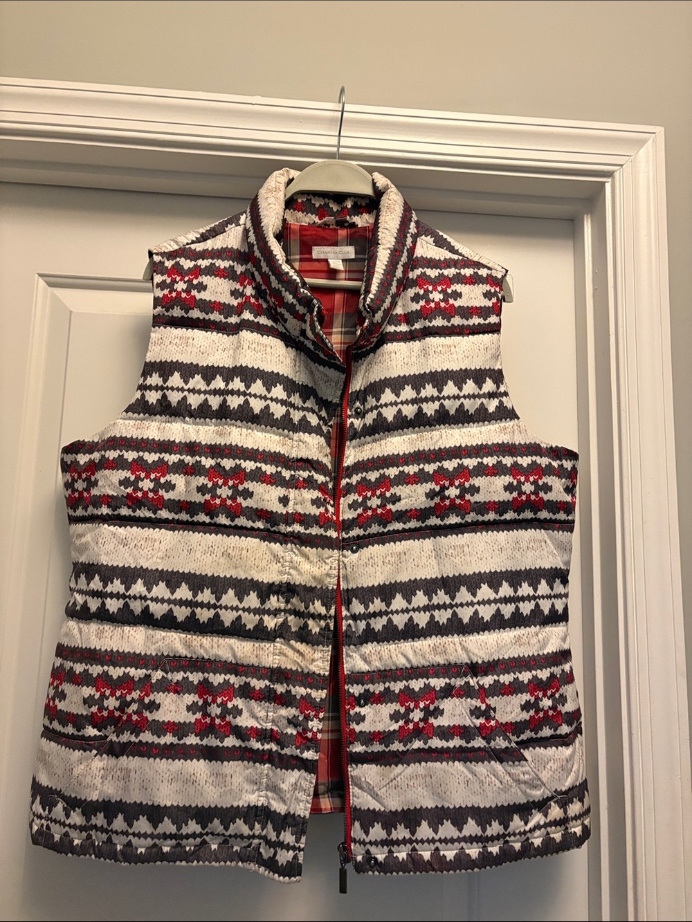 Charter Club Quilted Fair Isle Puffer Vest in White, Red & Gray